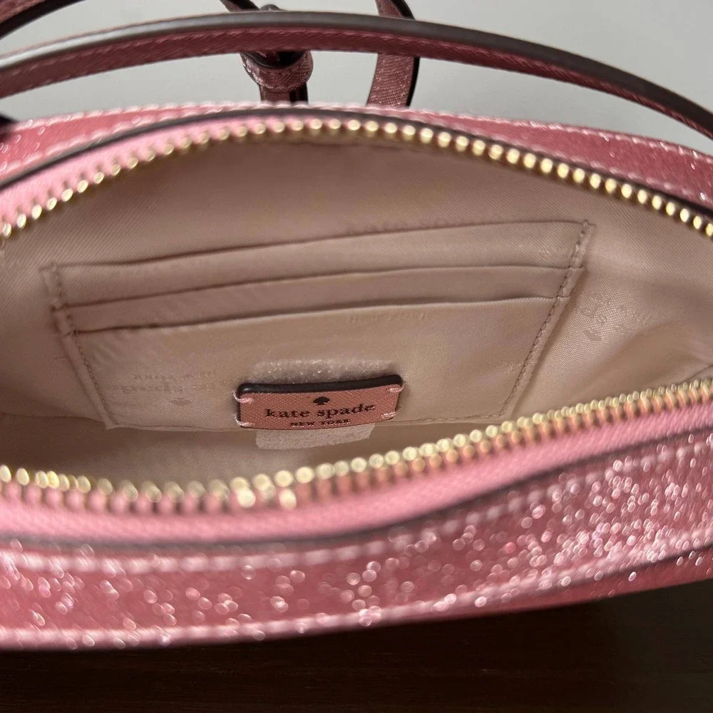 Kate Spade Crossbody Bag Glimmer Pink Glitter Oval Camera Bag Small NWT